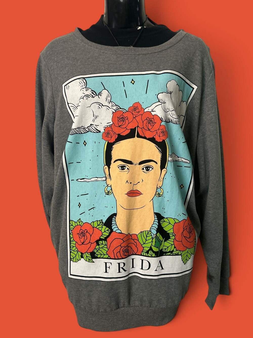 Frida Kahlo Gray Sweatshirt Tarot Card Floral Rose Graphic  Size 3; XL-1X